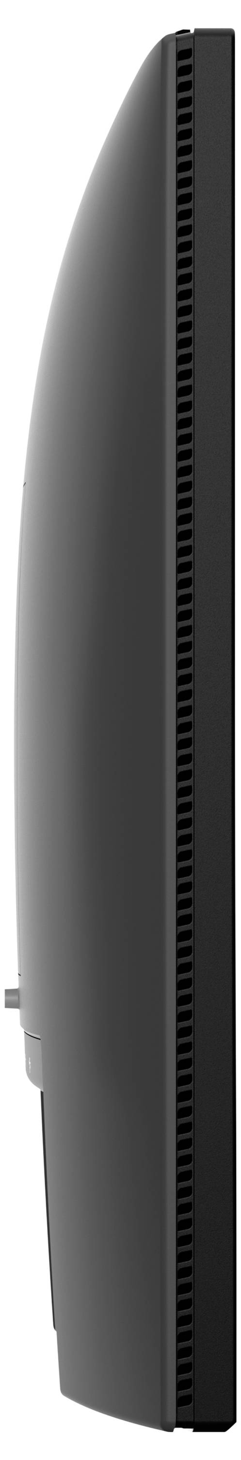 Seitenansicht eines schwarzen Computerturms oder Serverschranks mit gekrümmter Frontplatte und vertikalem Lüftungsgitter.