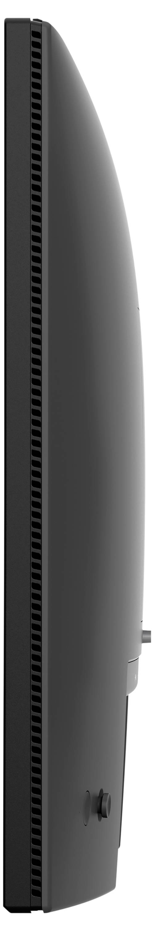 Seitenansicht eines gekrümmten schwarzen Computermonitors, der sein dünnes Profil und die belüftete Rückseite auf einem schlichten weißen Hintergrund zeigt.