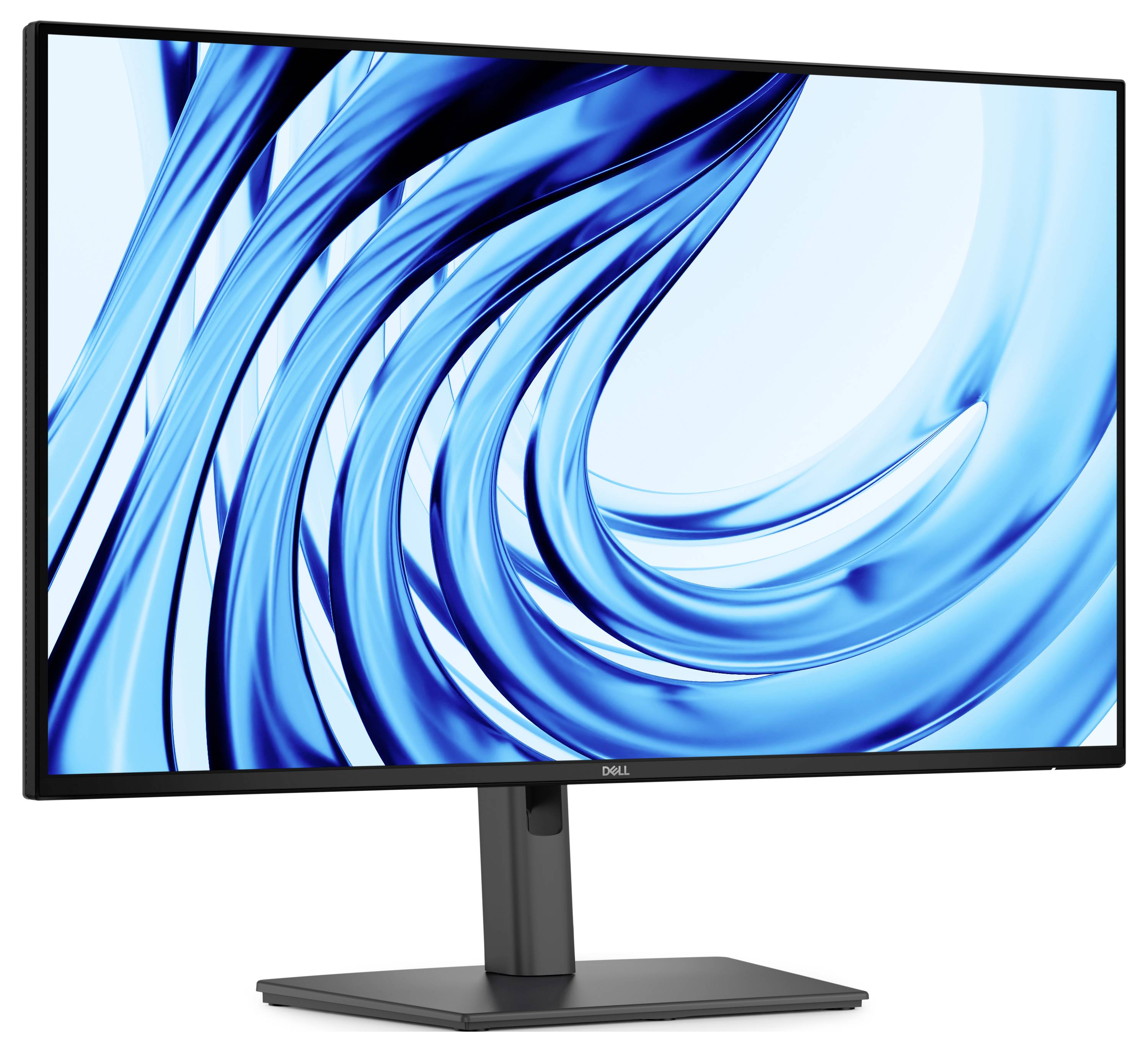 Dell-Monitor zeigt eine blaue abstrakte Wellengrafik auf weißem Hintergrund