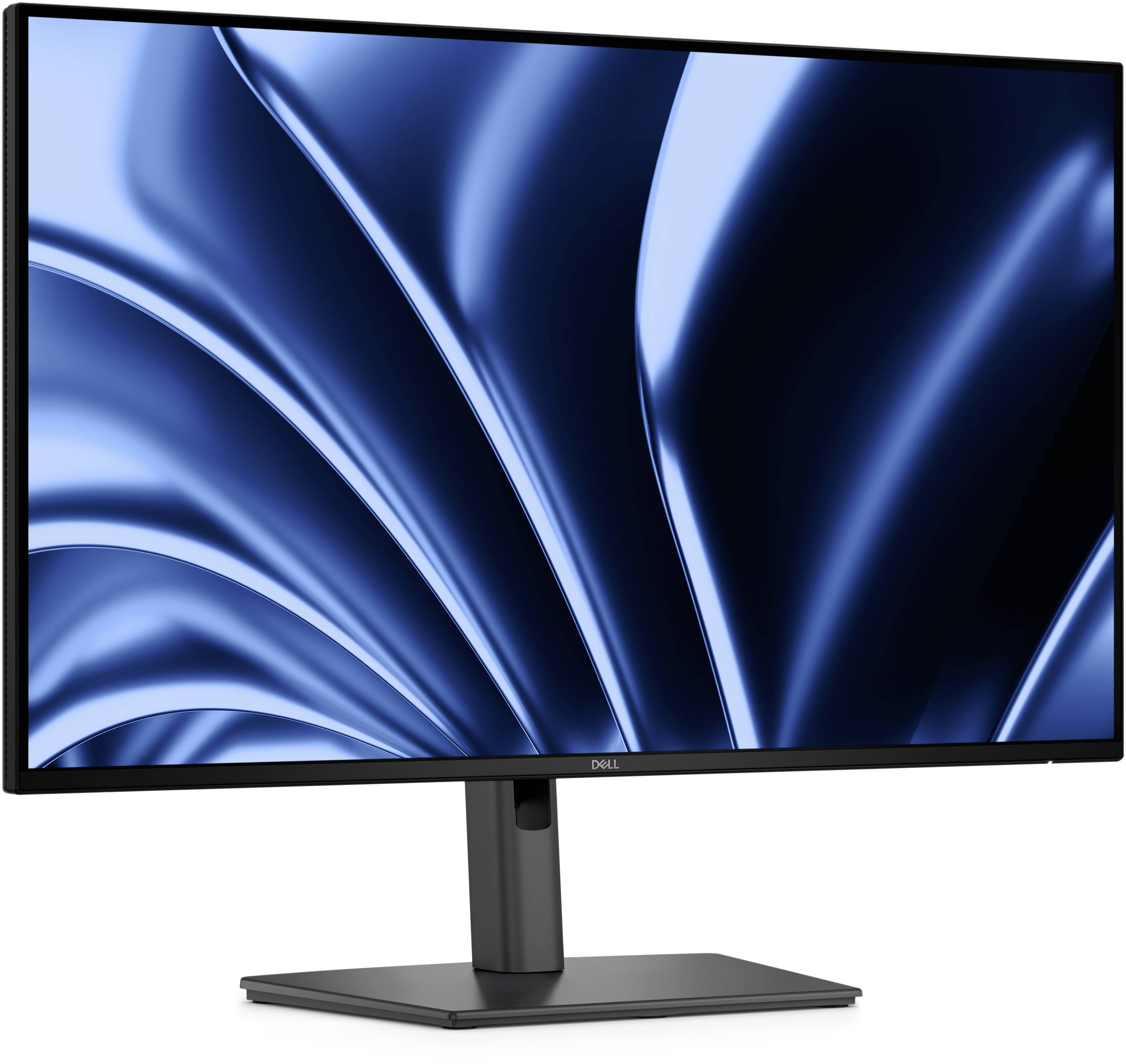 Dell-Monitor zeigt ein blaues abstraktes Wellen-Hintergrundbild auf weißem Hintergrund an.