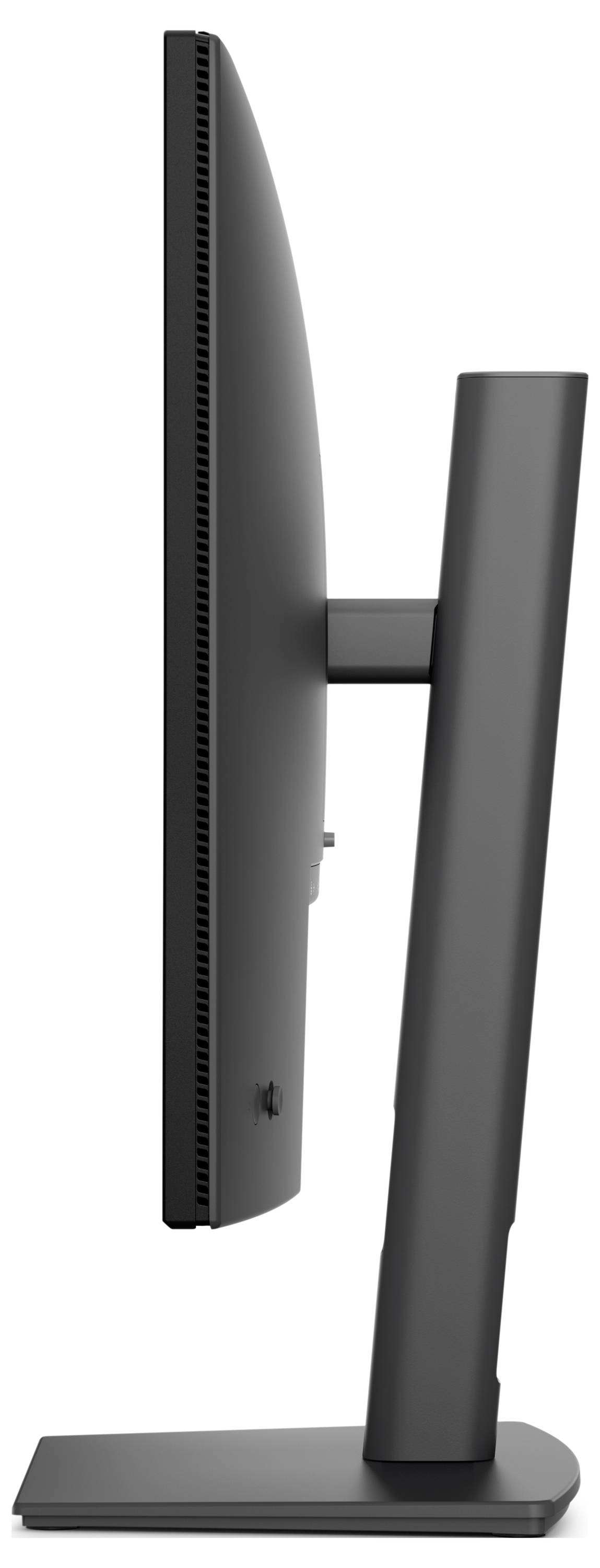Seitenansicht eines schwarzen gebogenen Desktop-Monitors auf einem rechteckigen Ständer, der sein schlankes Profil und den verstellbaren Tragarm zeigt.