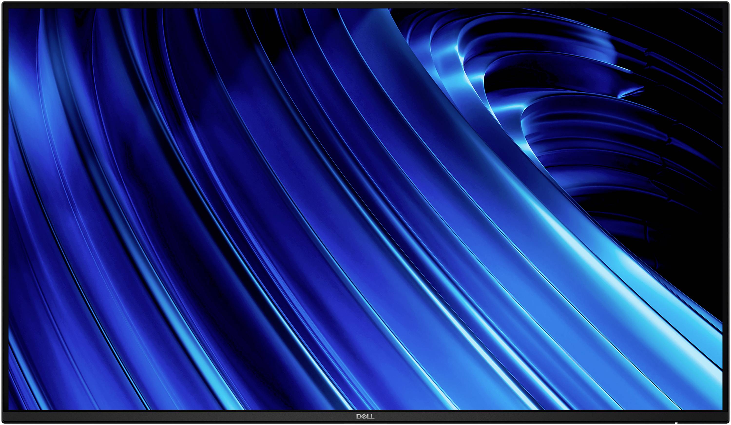 Abstrakte blaue und schwarze geschwungene Lichtstreifen auf einem Dell-Monitor, die ein elegantes digitales Hintergrundbild schaffen.