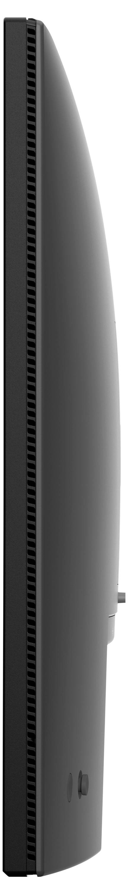Seitenansicht eines dünnen schwarzen Computerbildschirms oder Fernsehgeräts auf einem Ständer, das seine gekrümmte Rückseite und die belüftete Kante zeigt.