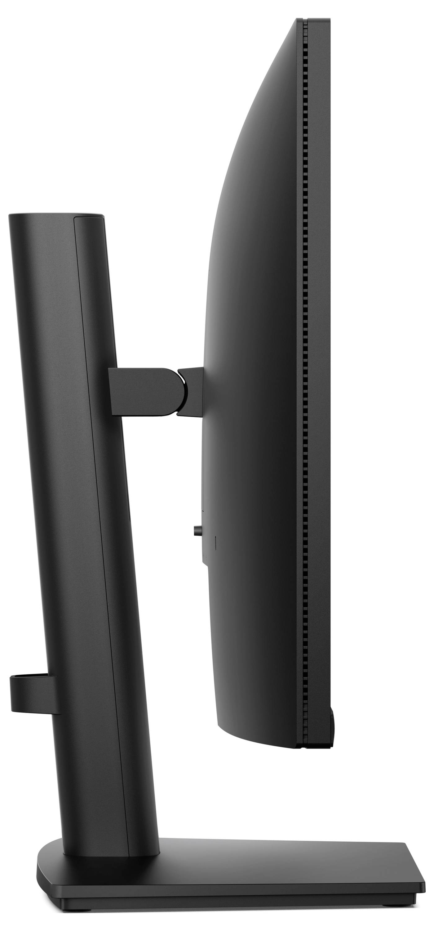 Seitenansicht eines schwarzen Computermonitors auf einem rechteckigen Ständer mit verstellbarem Arm und schlankem Display-Profil.