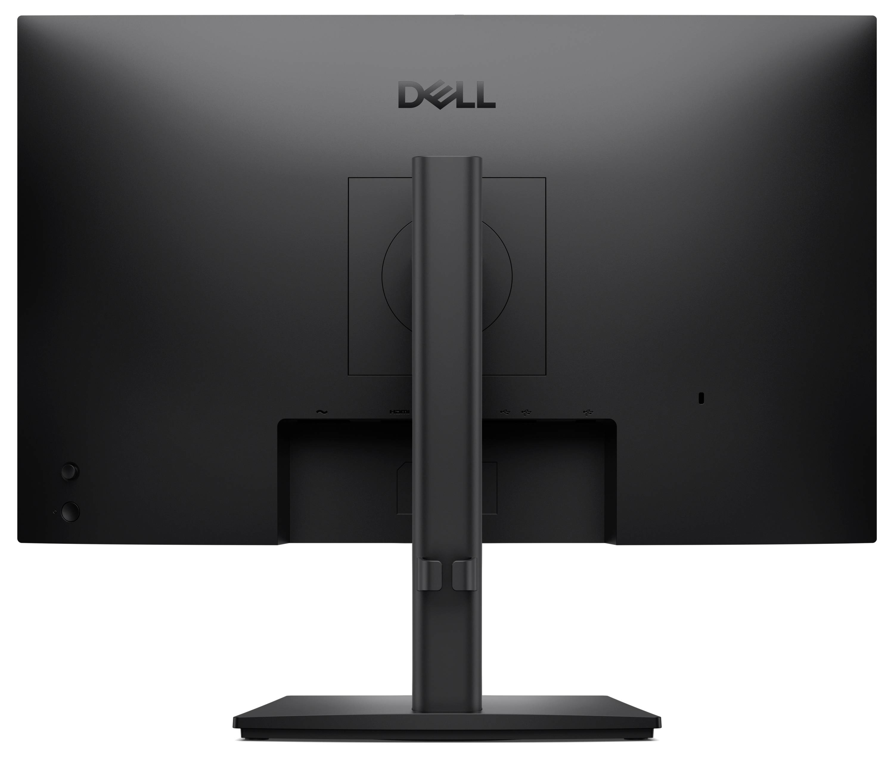 Rückansicht eines Dell-Monitors auf einem Ständer, die die zentrierte Stützäule und die rechteckige Kabelmanagement-Öffnung zeigt.