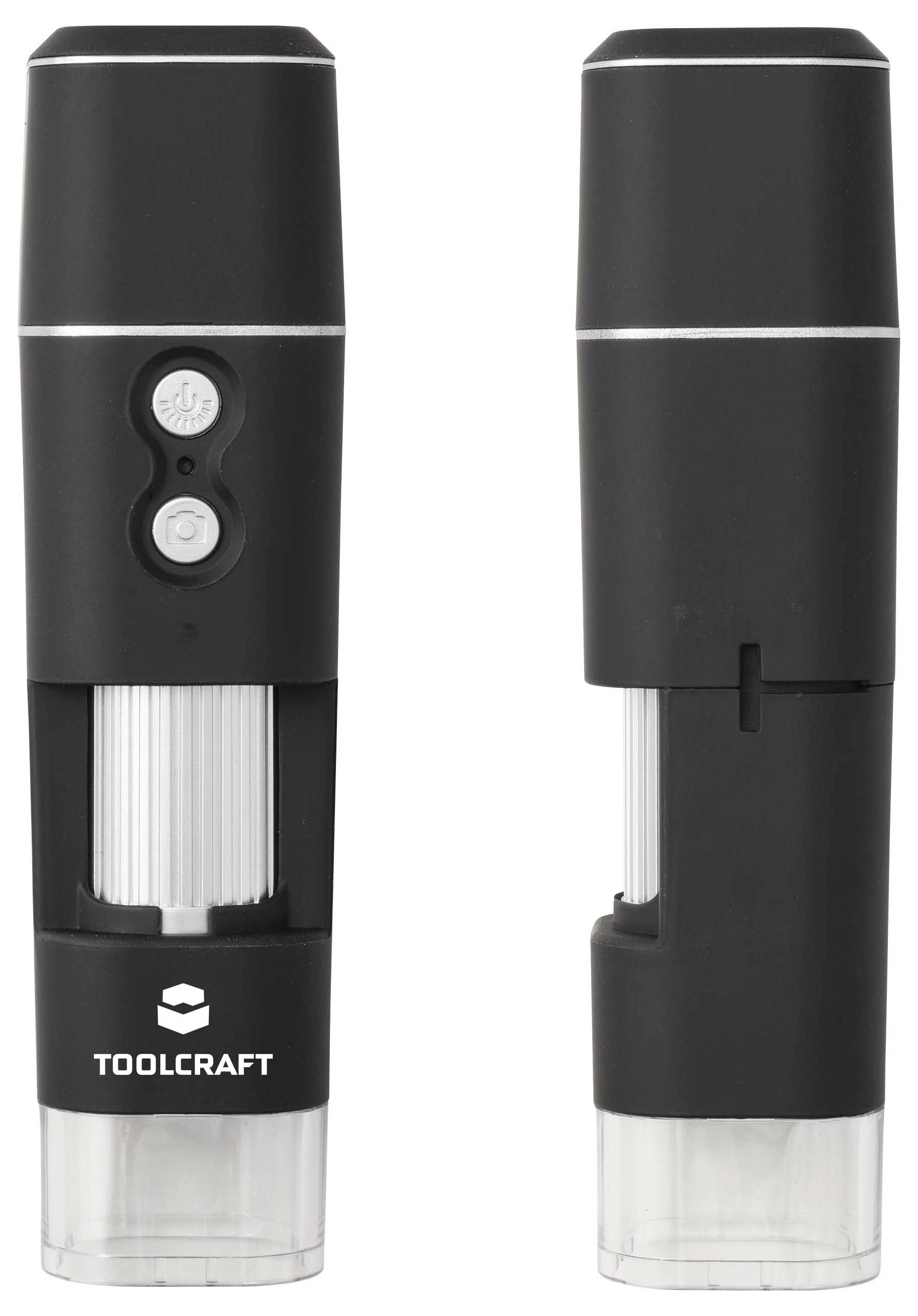 Zwei Ansichten eines schwarzen tragbaren zylindrischen Toolcraft-Geräts mit Tasten und einer durchsichtigen unteren Kammer, von vorne und von der Seite dargestellt.