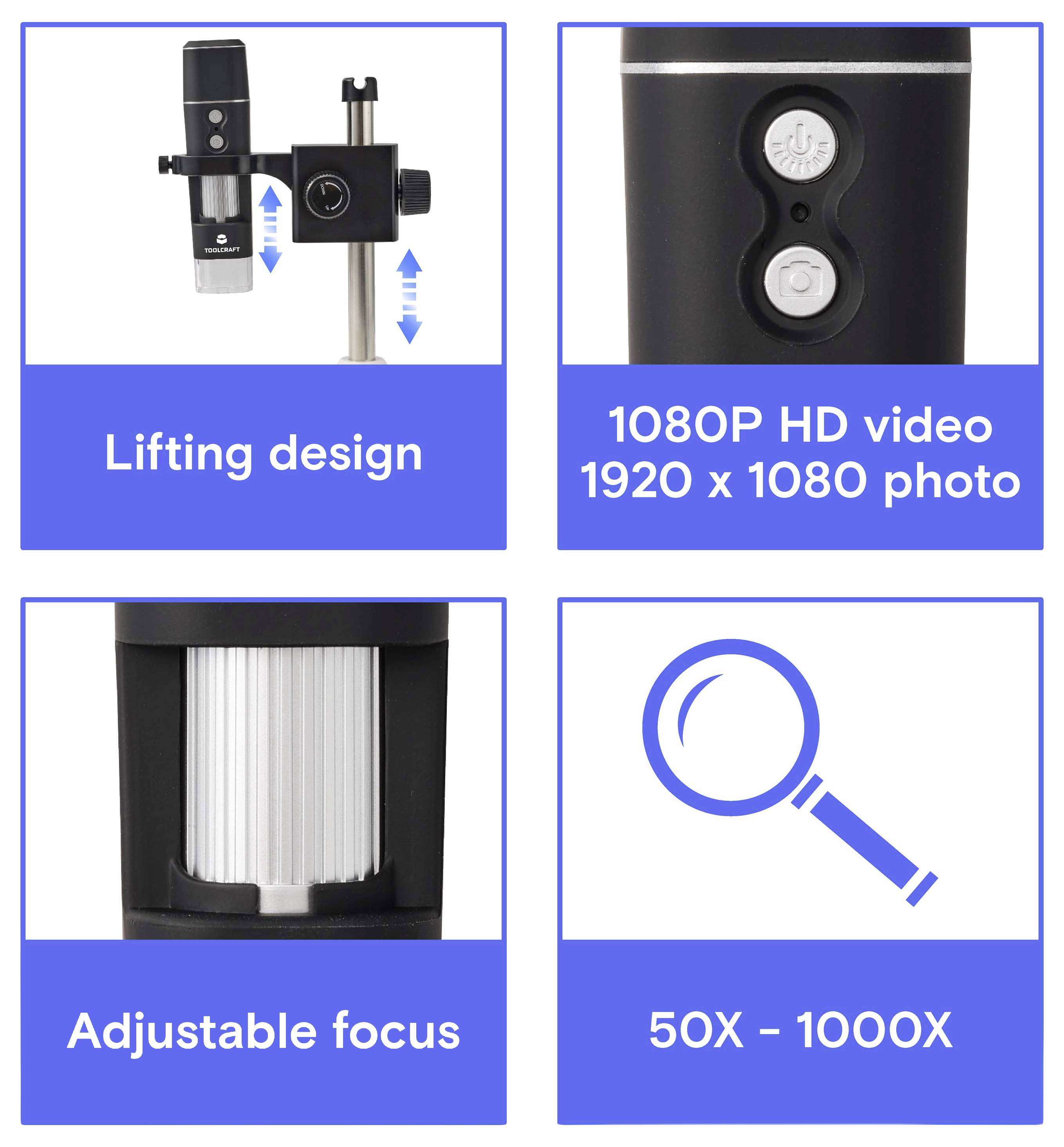 Infografik zur Mikroskopfunktion mit Hubdesign, 1080P-HD-Video/1920 x 1080 Foto, verstellbarer Fokus und 50X–1000X Vergrößerung.