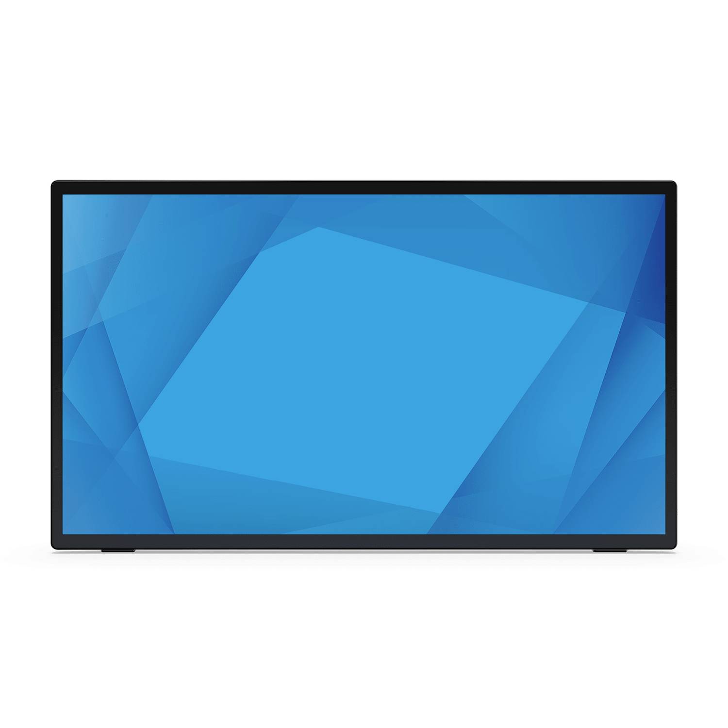 Ein Flachbildschirm-Monitor zeigt eine blaue geometrische abstrakte Tapete auf weißem Hintergrund an.