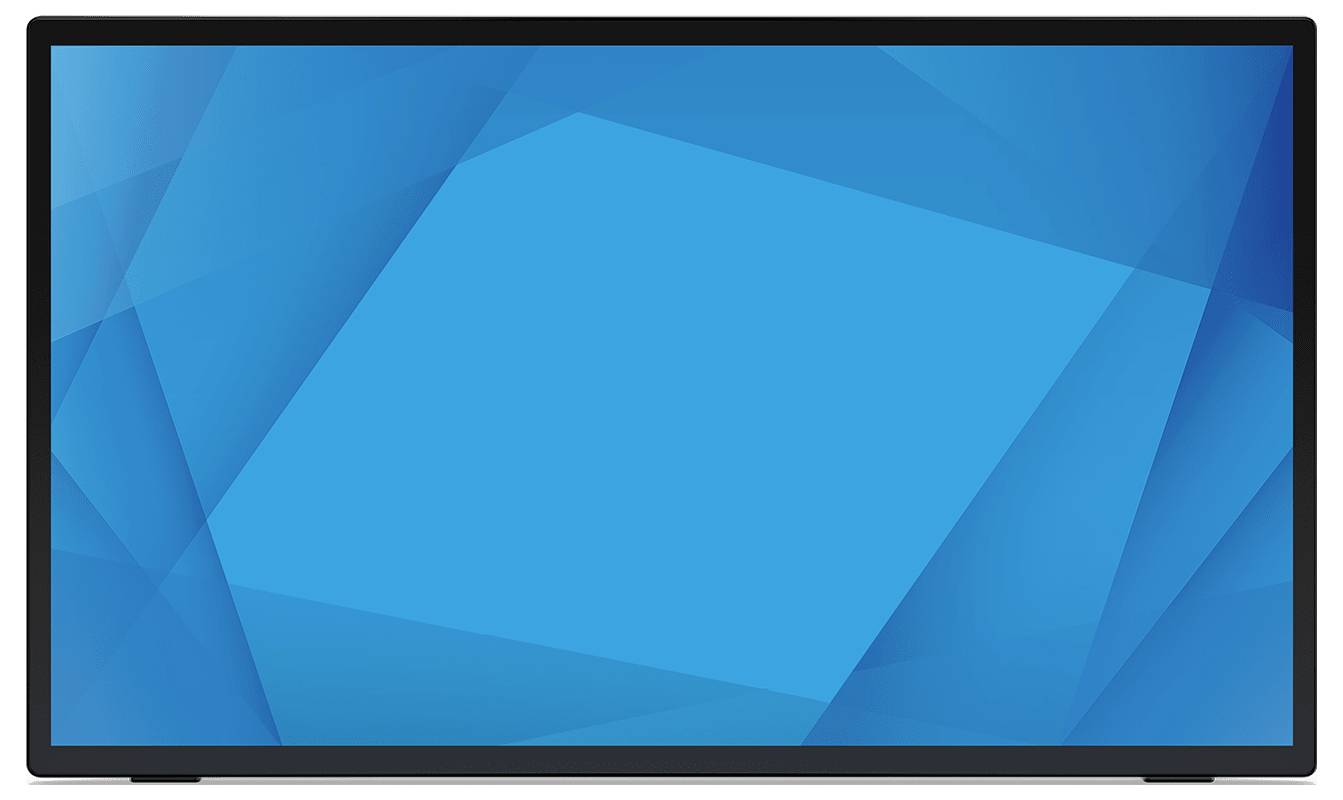 Leerer Flachbildfernseher mit blauer abstrakter geometrischer Tapete auf dem Bildschirm.