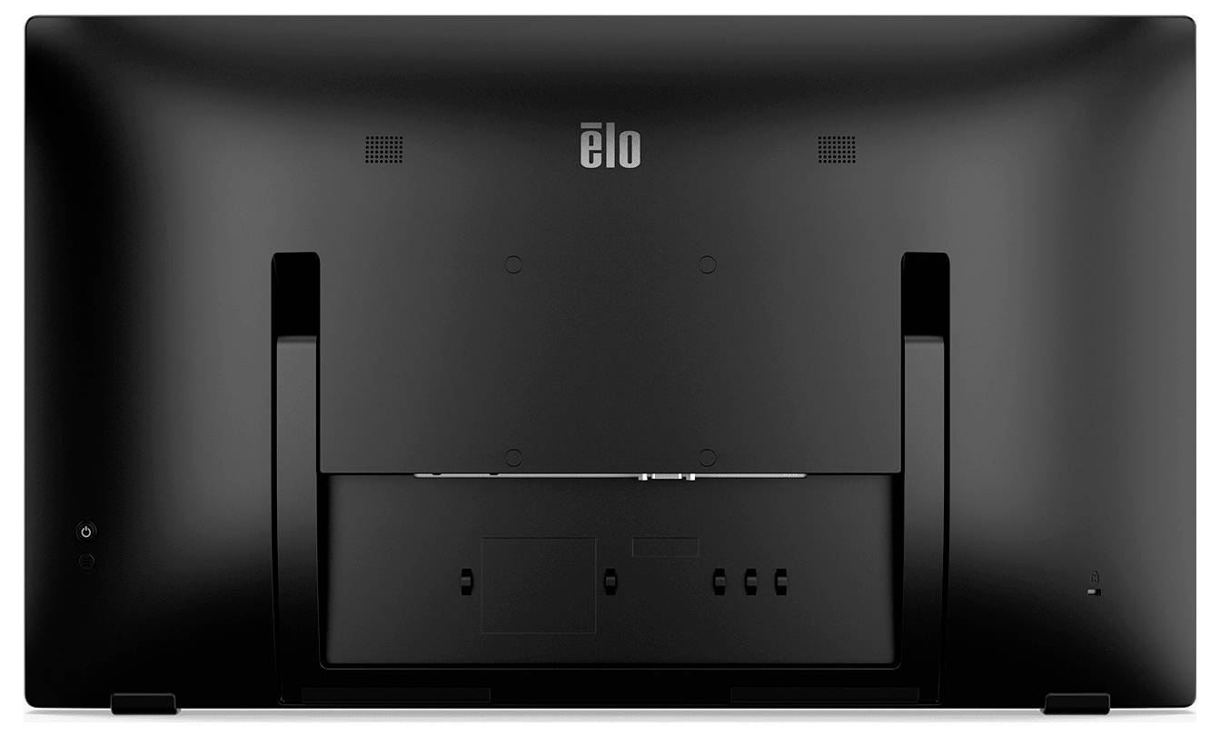 Rückansicht eines Elo-Touchscreen-Monitors mit VESA-kompatiblem Befestigungsbereich, Kabelmanagement und integriertem Ständer/Anschlüssen.