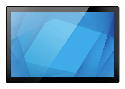Schwarzes Tablet oder Monitor zeigt einen blauen geometrisch abstrakten Hintergrund auf dem Bildschirm an.
