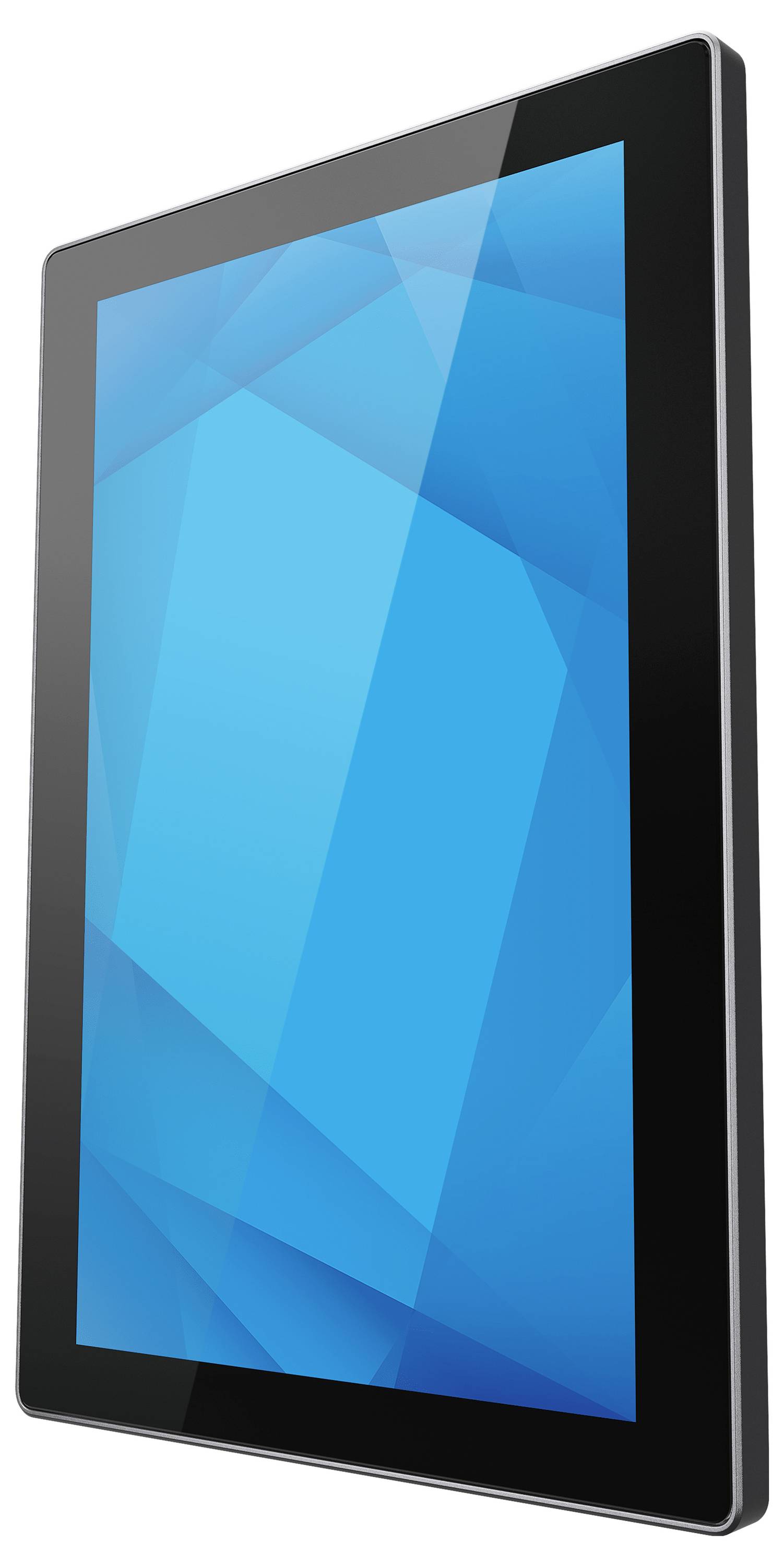 Ein schwarzes Tablet mit leerem blauem Bildschirm in einem Winkel auf weißem Hintergrund angezeigt.