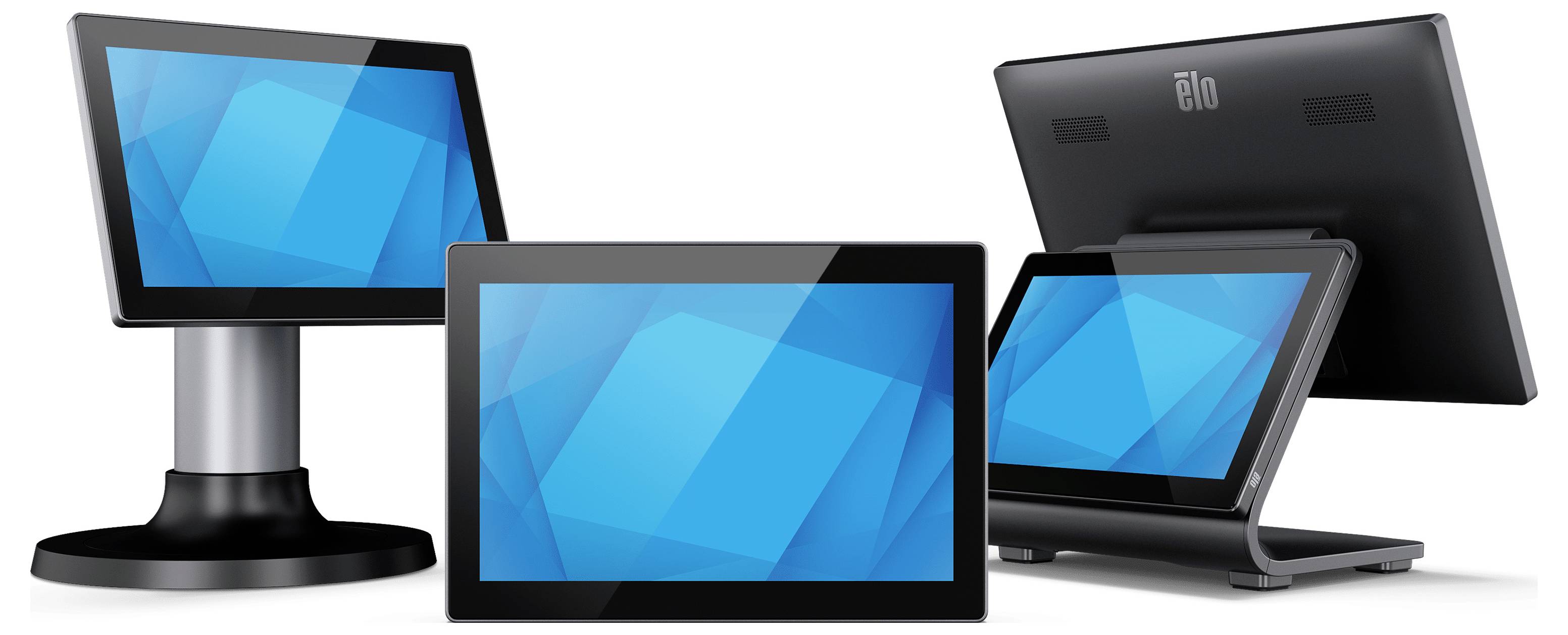 Drei Touchscreen-Kassiergeräte in Vorder- und Rückansicht, mit blauen Displays und schwarzen Ständern.