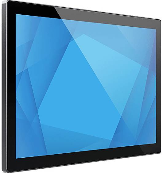 Schwarzer Flachbildschirm oder Fernseher, der auf weißem Hintergrund eine blaue abstrakte geometrische Tapete anzeigt.