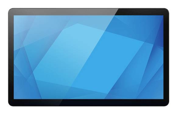 Schwarzes Tablet oder Monitor mit blauem geometrischem abstraktem Bildschirm und keinem sichtbaren Text oder Icons.