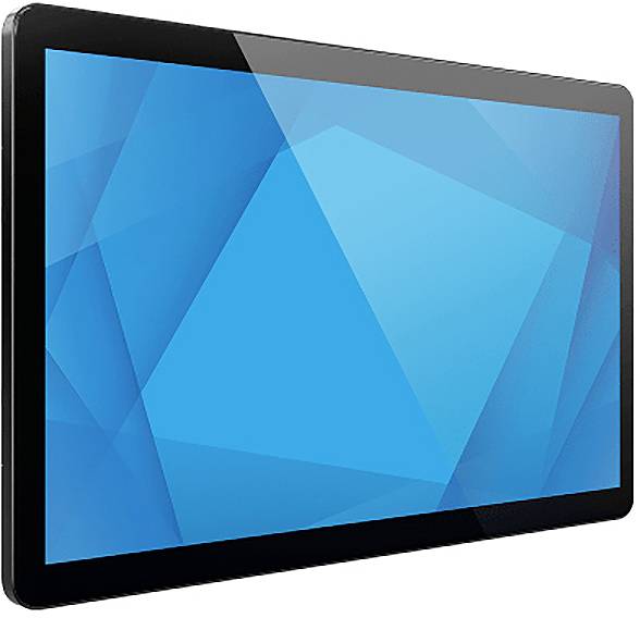 Schwarzes Tablet oder Monitor mit einem blauen geometrischen abstrakten Bildschirm, in einem Winkel auf weißem Hintergrund dargestellt.