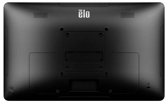 Rückansicht eines Elo-Touchscreen-Monitors mit Wandhalterung, Belüftungsgittern, Anschlussabdeckung und kleinen Steuerungs-/Stromversorgungssymbolen.