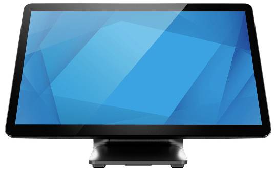 Ein Flachbildschirm-Monitor mit einer blauen abstrakten Anzeige auf einem Ständer, frontal auf weißem Hintergrund dargestellt.