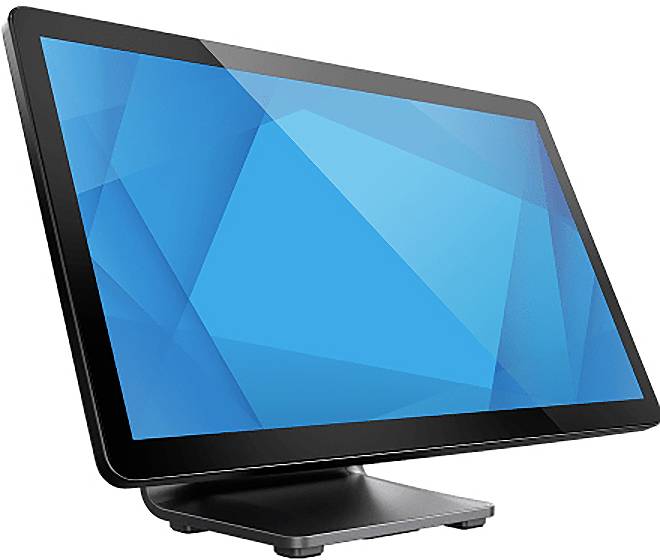 Geneigter schwarzer Computermonitor mit blauem Bildschirm auf einem Ständer, vor einem weißen Hintergrund dargestellt.