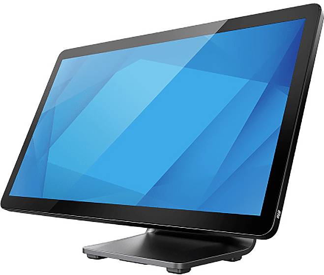 Ein schwarzer flacher Computermonitor auf einem Ständer, der einen blauen abstrakten Bildschirm anzeigt.