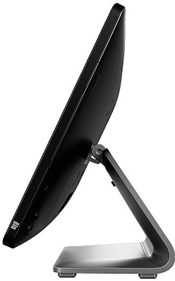 Seitenansicht eines schwarzen All-in-One-Desktop-Monitors auf einem minimalistischen geneigten Ständer.