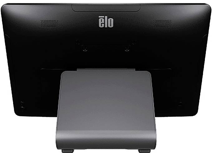 Rückansicht eines Elo-Touchscreen-Monitors mit integriertem Ständer, dargestellt vor weißem Hintergrund.
