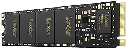 Nahaufnahme einer Lexar M.2 Solid-State-Drive-Leiterplatte mit vergoldetem Steckerkontaktrand.