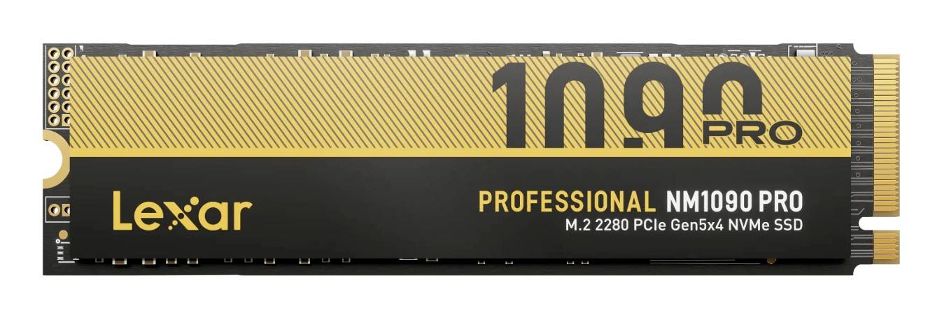 Lexar Professional NM1090 Pro M.2 2280 PCIe Gen5x4 NVMe SSD in schwarzer und goldener Verpackung dargestellt.