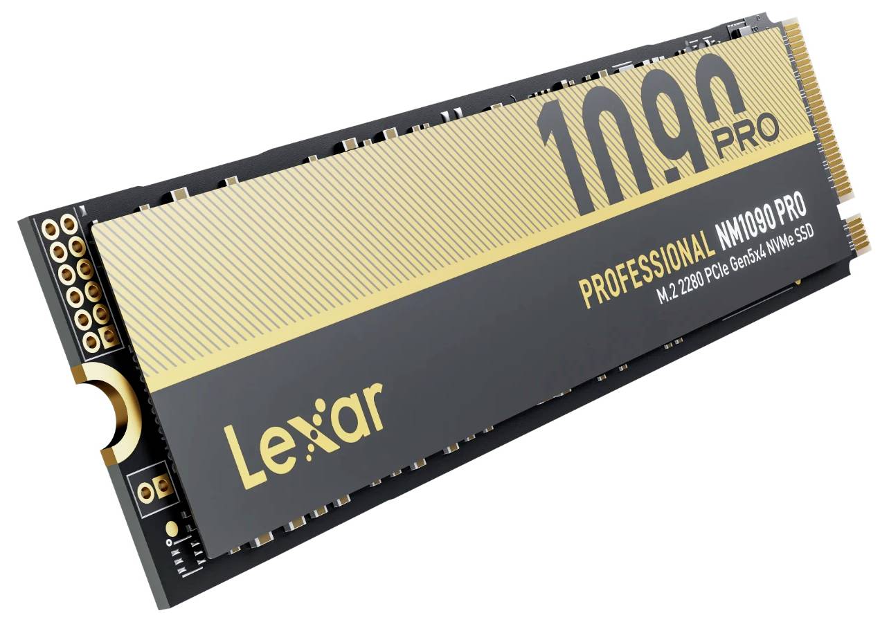 Lexar 1090 Pro professionelle M.2 2280 PCIe Gen5 NVMe SSD auf weißem Hintergrund dargestellt.