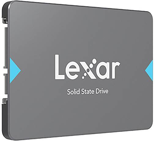 Lexar Solid-State-Drive in einem grauen 2,5-Zoll-SSD-Gehäuse mit dem Lexar-Logo und blauen Richtungspfeilen an den Seiten.