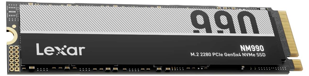 Lexar NM990 M.2 2280 PCIe Gen5x4 NVMe SSD, dargestellt in einem schwarzen und silbernen Laufwerk-Modul.