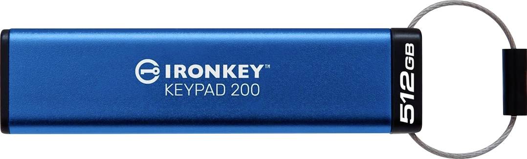 Blauer IronKey Keypad 200 USB-Stick mit der Bezeichnung 512GB, gezeigt mit angebrachtem Schlüsselring.