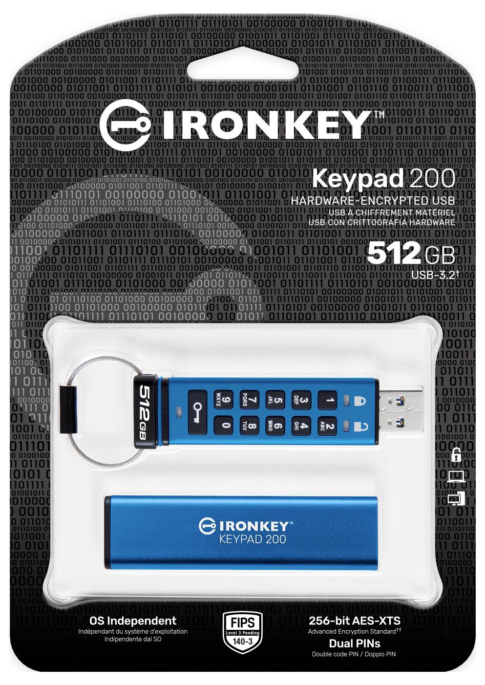 Verpackung für IronKey Keypad 200 verschlüsselter USB-Stick, 512 GB, blauer USB-Stick in transparenter Blisterverpackung.