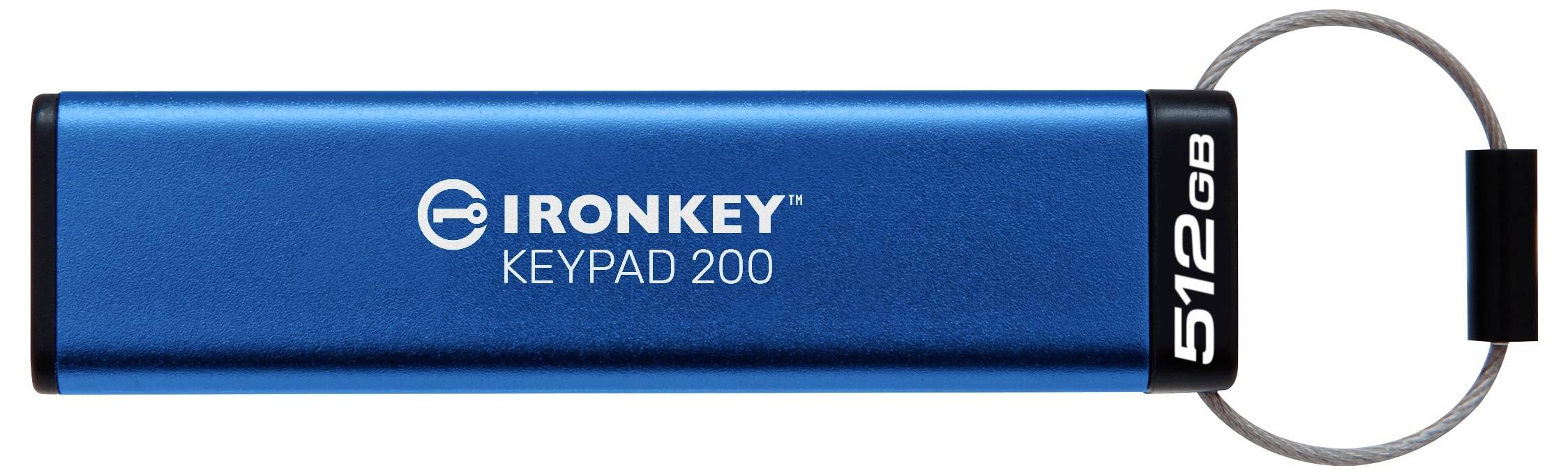 Blauer IRONKEY Keypad 200 512GB USB-Stick mit angebrachtem Schlüsselring.