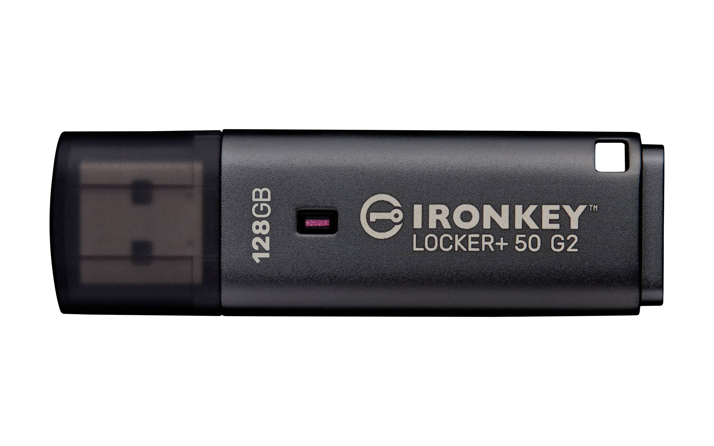 Black IronKey Locker+ 50 G2 128GB USB-Stick mit Schiebkappe und Schlüssellochöffnung auf weißem Hintergrund