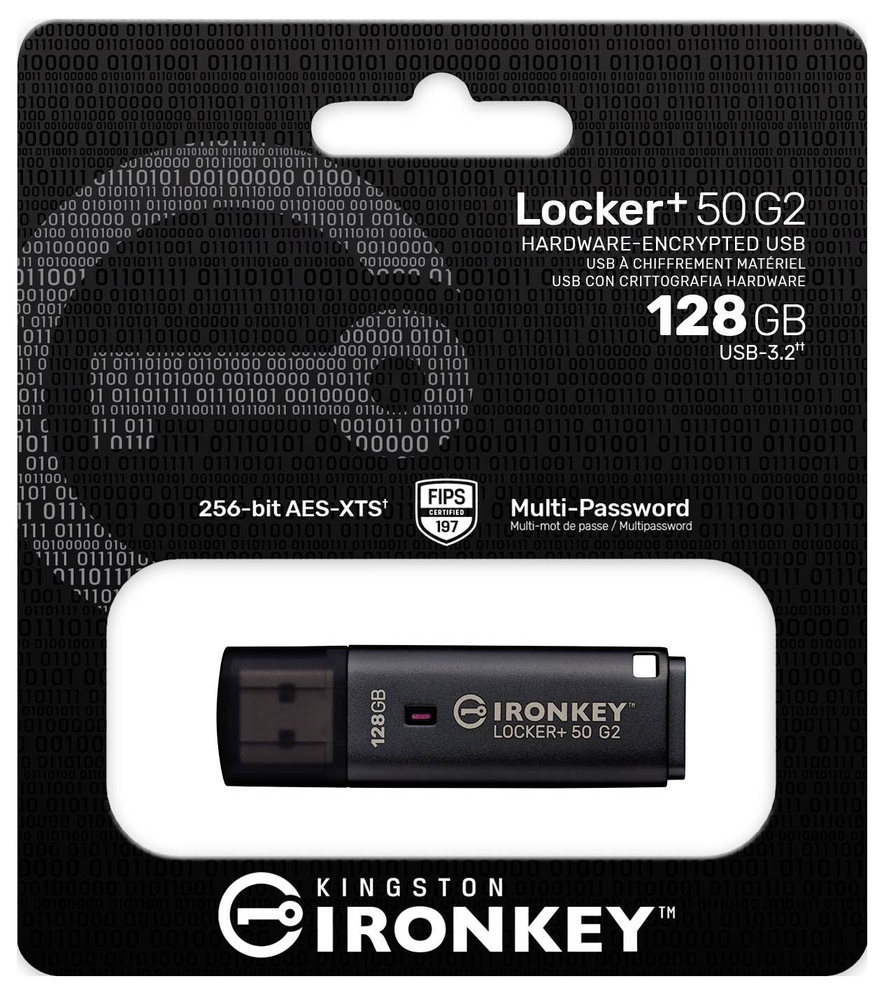 Verpackung für Kingston IronKey Locker+ 50 G2 128GB USB 3.2 verschlüsseltes Flash-Laufwerk mit Hervorhebung von 256-Bit AES-XTS, FIPS 197 und Multi-Passwort-Sicherheit.