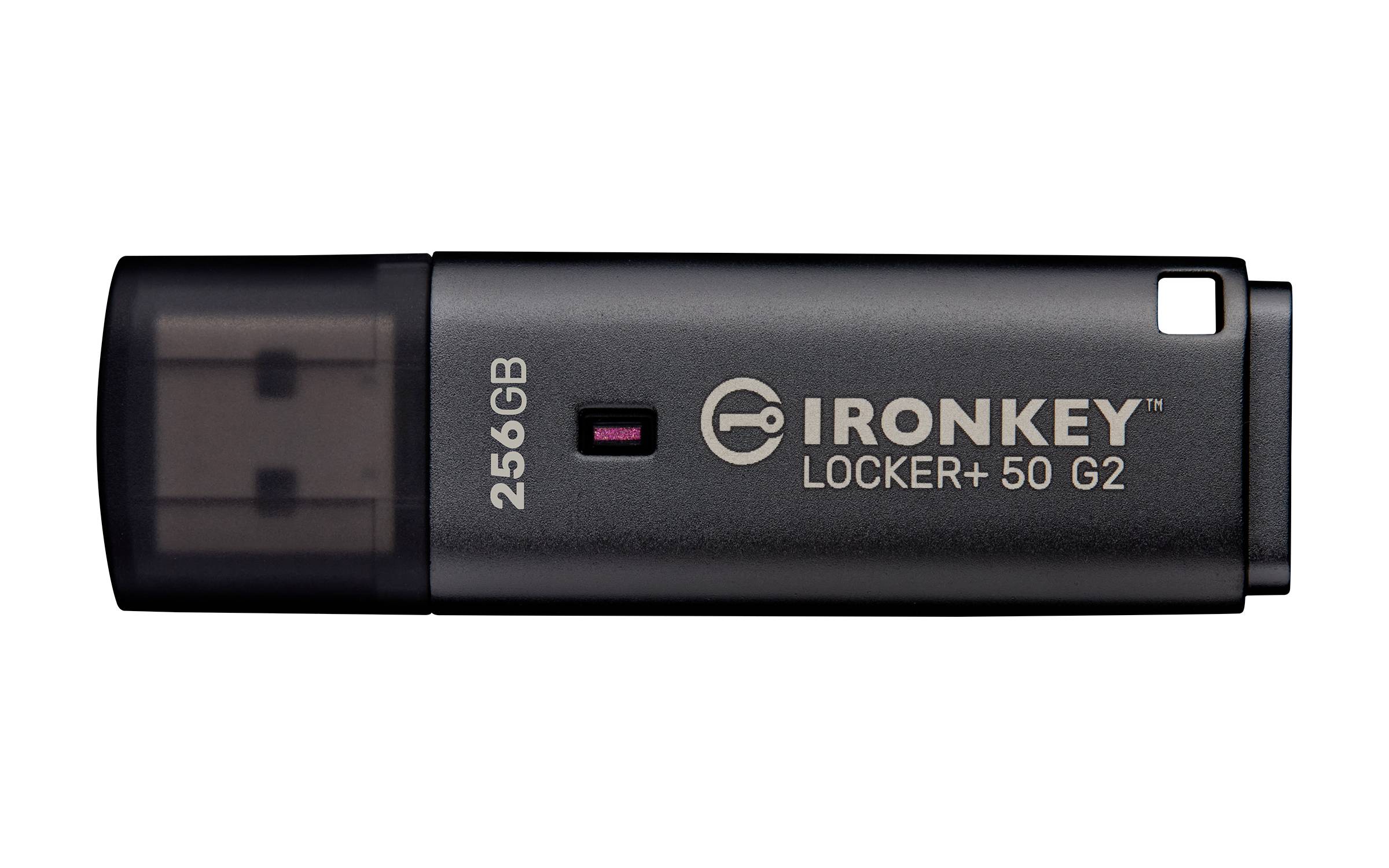 Black IronKey Locker+ 50 G2 USB-Stick mit Etikett 256GB, auf weißem Hintergrund mit Schiebeschutzkappen und Schlüsselsymbol dargestellt.