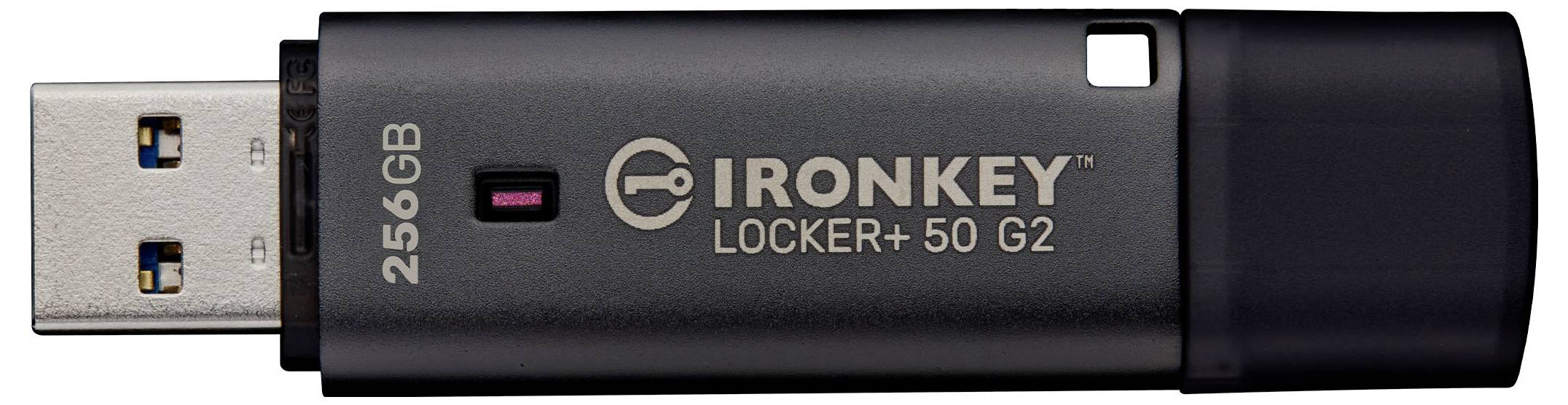 Schwarzes IRONKEY LOCKER+ 50 G2 256GB USB-Speicherlaufwerk, horizontal dargestellt mit aufgesetzter Kappe.