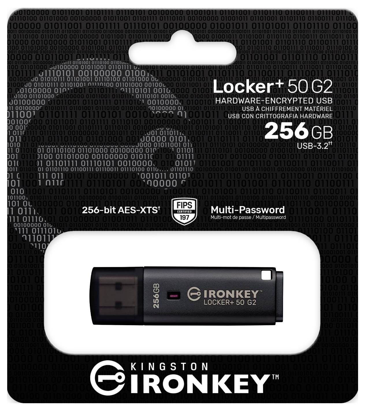 Kingston IronKey Locker+ 50 G2 256GB USB 3.2 verschlüsseltes USB-Flash-Laufwerk Paket, das 256-Bit AES-XTS, FIPS 197 und Multi-Passwort-Sicherheitsfunktionen zeigt.