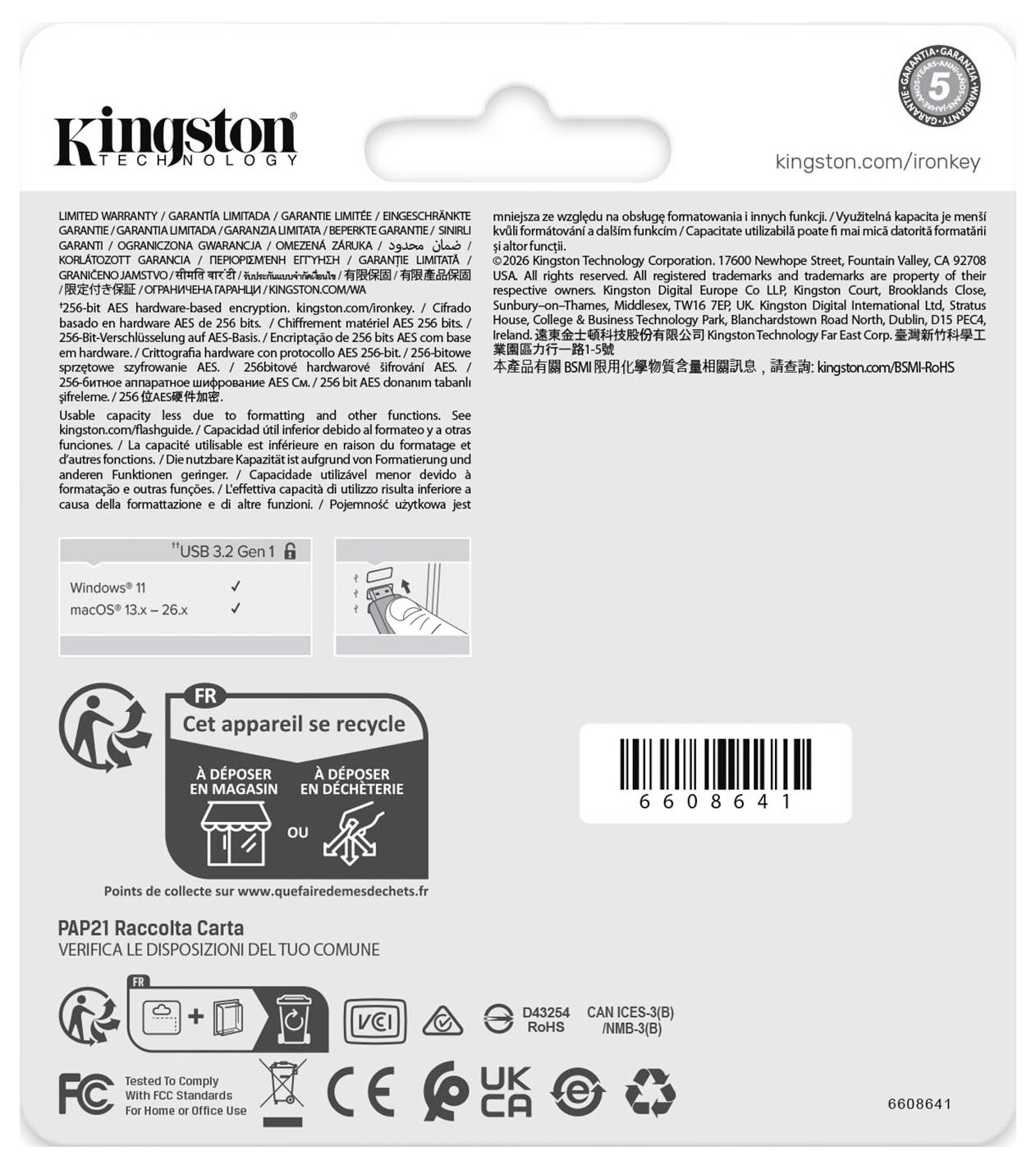 # Rückseite einer Kingston Technology USB 3.2 Gen 1 Flash-Laufwerk-Verpackung mit mehrsprachigen Produktdetails, Recyclinganweisungen und Barcode 6608641.
