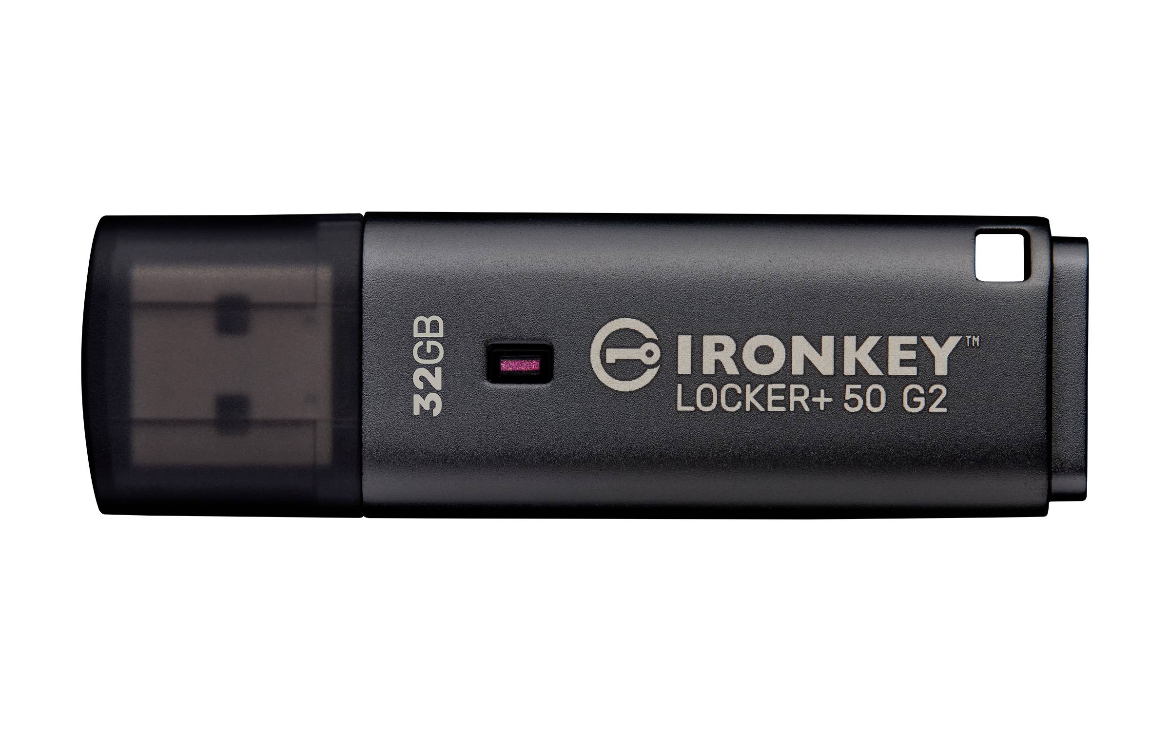 Black IronKey Locker+ 50 G2 32GB USB-Stick mit Schutzkappe und Schlüsselanhängerring, abgebildet auf weißem Hintergrund.
