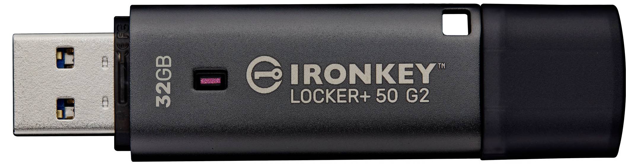 Black IronKey Locker+ 50 G2 32GB USB-Stick mit abgenommener Kappe, zeigt USB-Anschluss und Sperrindikator.