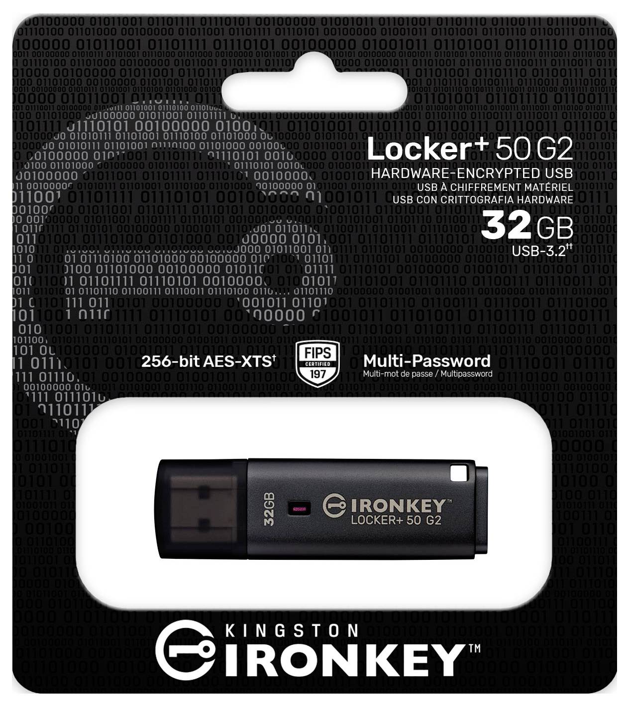 Verpackung für Kingston IronKey Locker+ 50 G2 32GB USB 3.2 verschlüsseltes Flash-Laufwerk, das das Laufwerk und Sicherheitsfunktionen wie 256-Bit AES-XTS und Mehrfach-Passwort zeigt.