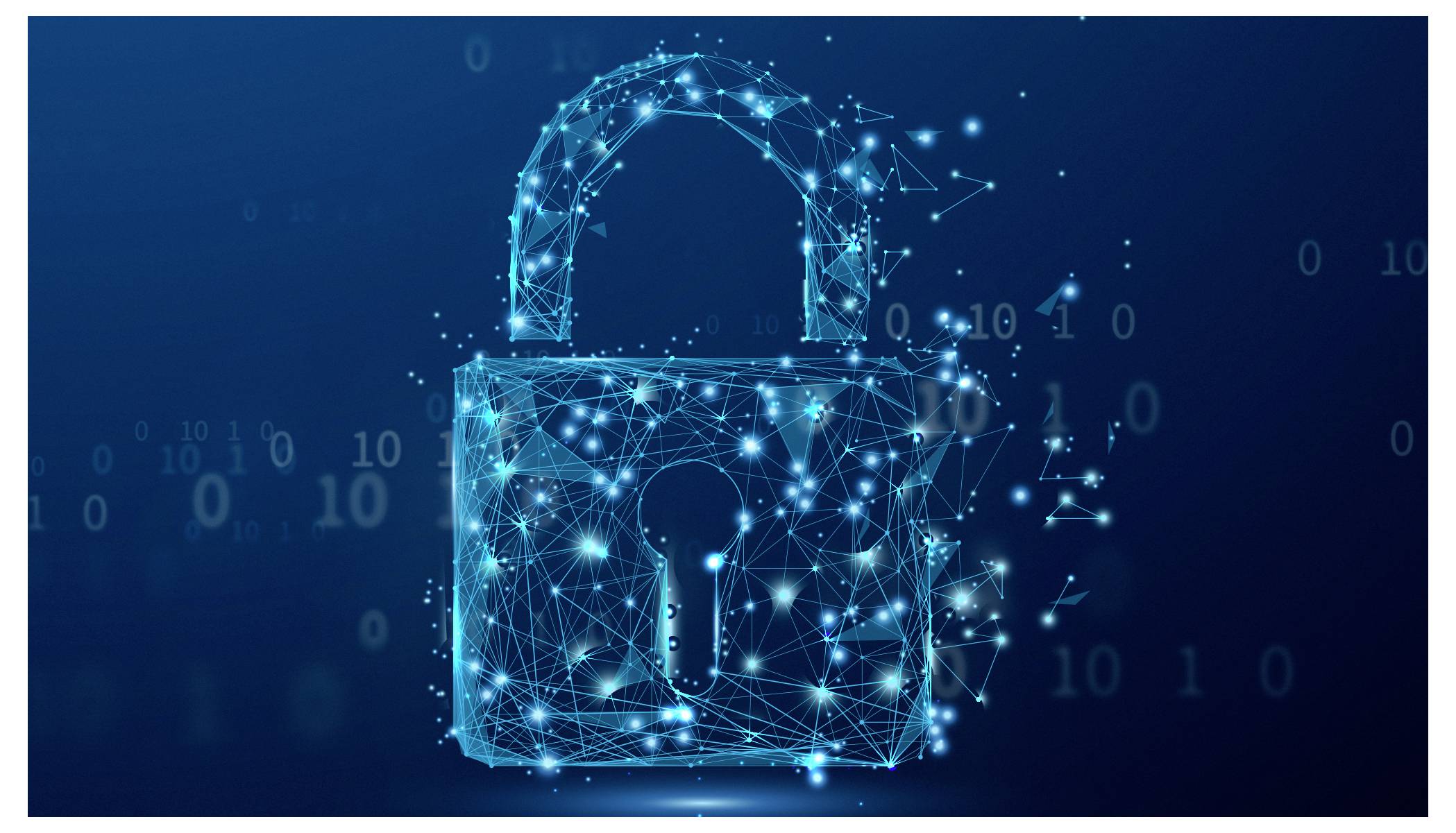 Leuchtendes digitales Vorhängeschloss aus verbundenen Linien und Knoten auf dunklem Hintergrund, das Cybersicherheit und Datenschutz symbolisiert.