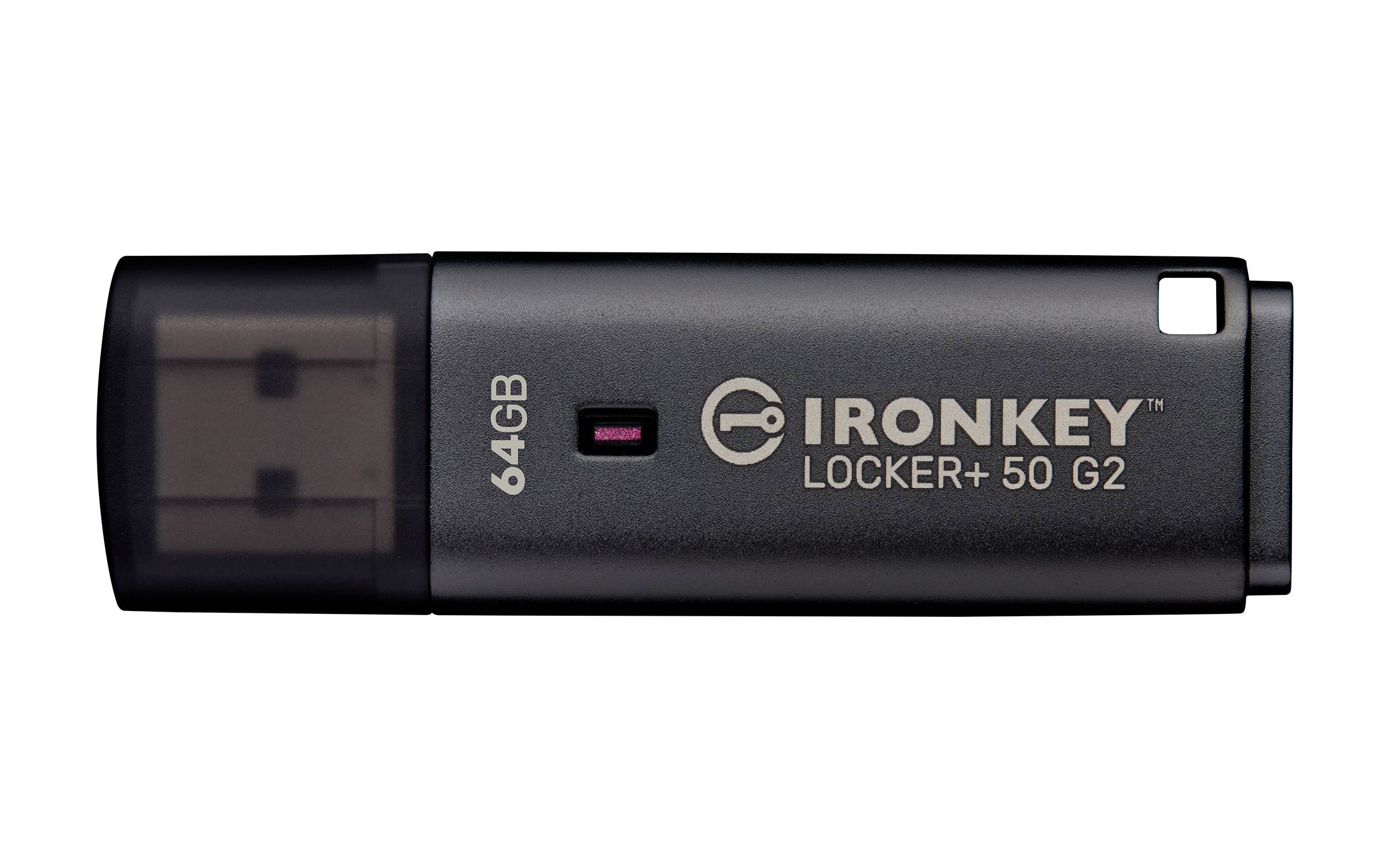 IronKey Locker+ 50 G2 USB-Stick in Schwarz, 64GB, auf weißem Hintergrund dargestellt.