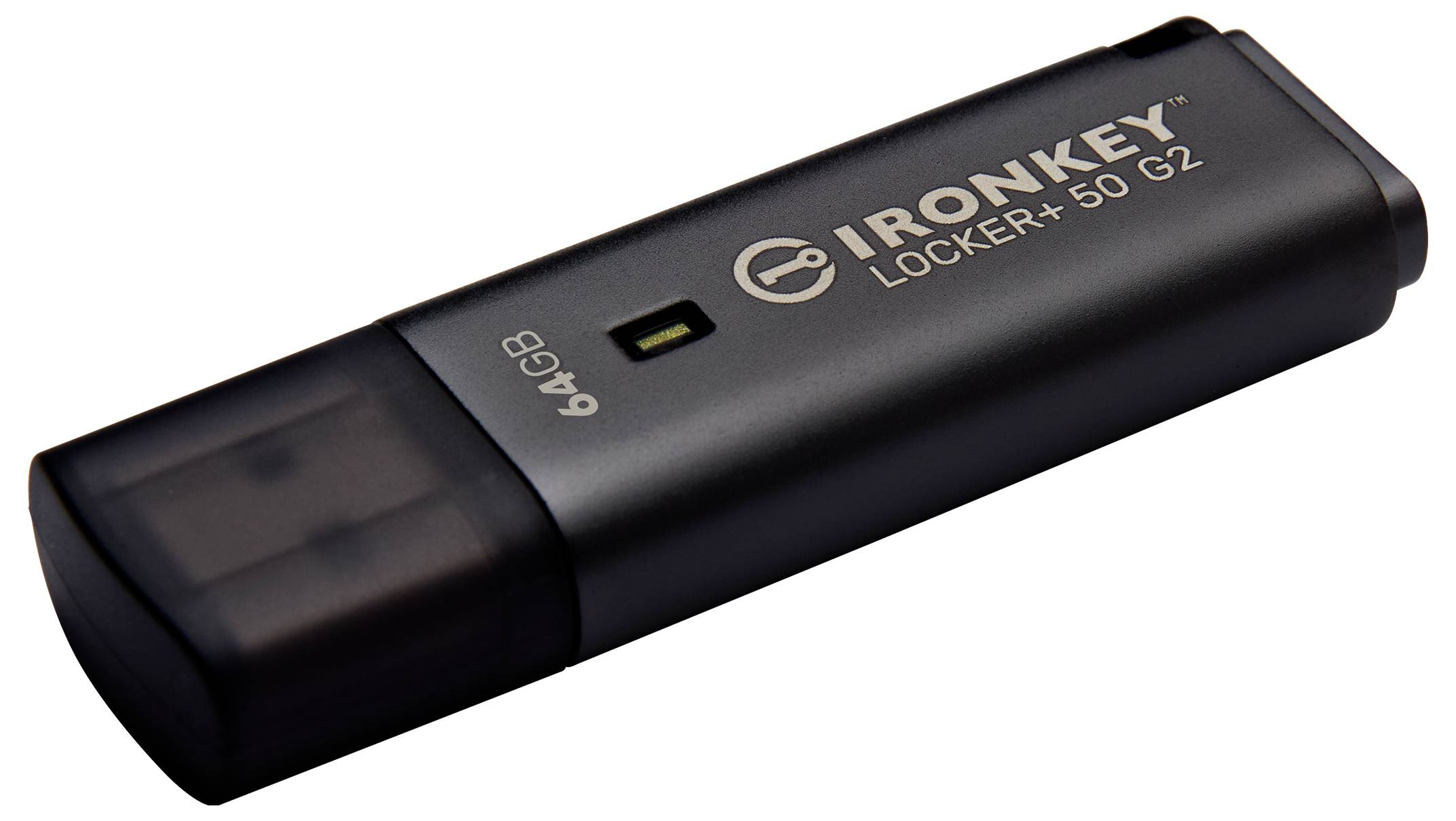 Black IronKey Locker+ 50 G2 64GB USB-Stick auf weißem Hintergrund gezeigt