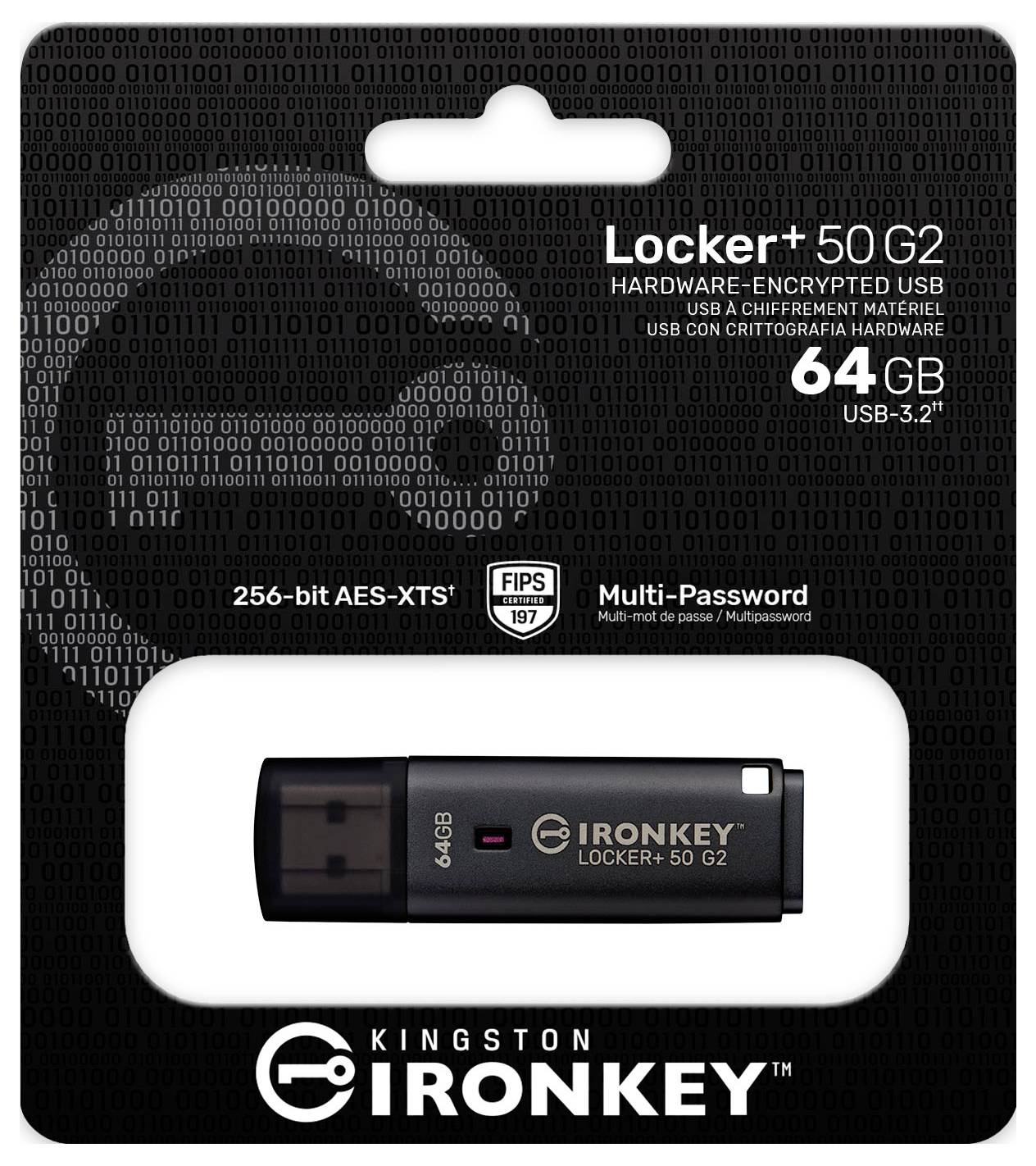 Produktverpackung für Kingston IronKey Locker+ 50 G2 verschlüsselter USB-Speicherstick, 64GB, mit 256-Bit AES-XTS und FIPS 197 Sicherheitszertifikaten.