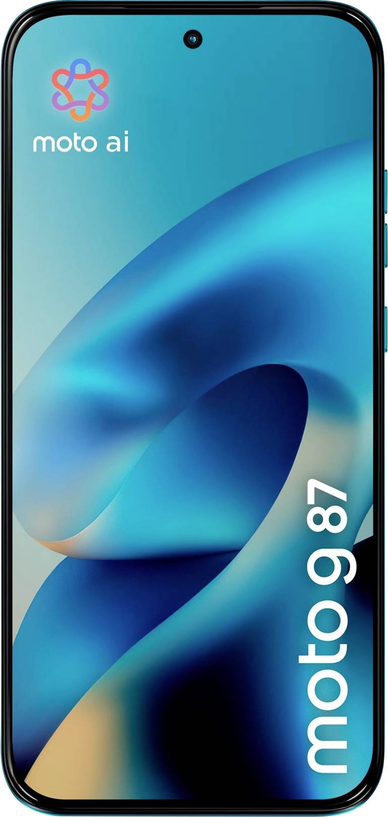 Motorola Moto g87 Smartphone frontal dargestellt mit türkisem abstraktem Hintergrund und „moto ai
