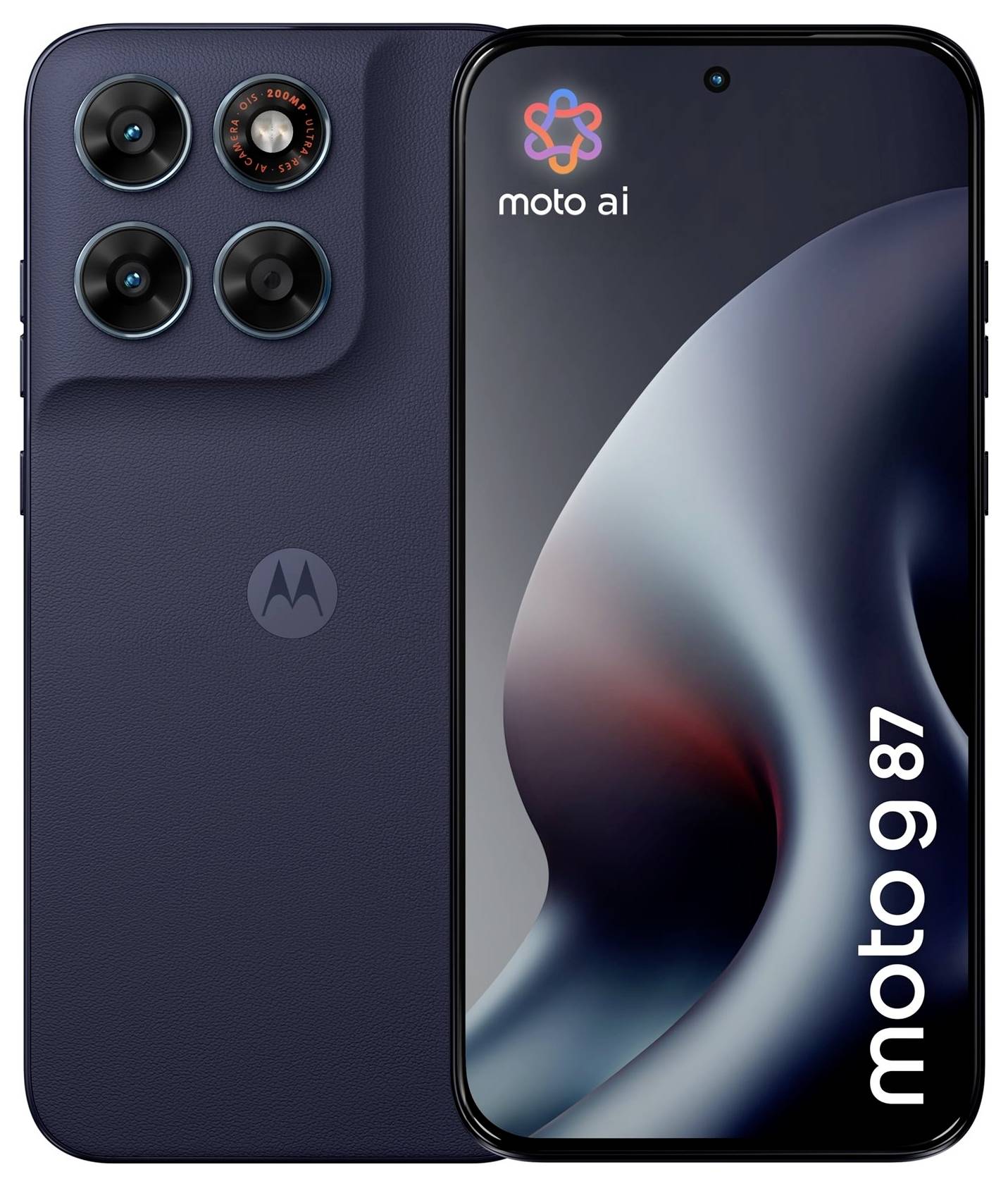 Motorola Moto AI Smartphone, vorne und hinten gezeigt, mit dunkelblauem/violettem Finish, dreifacher Rückkamera und „moto ai