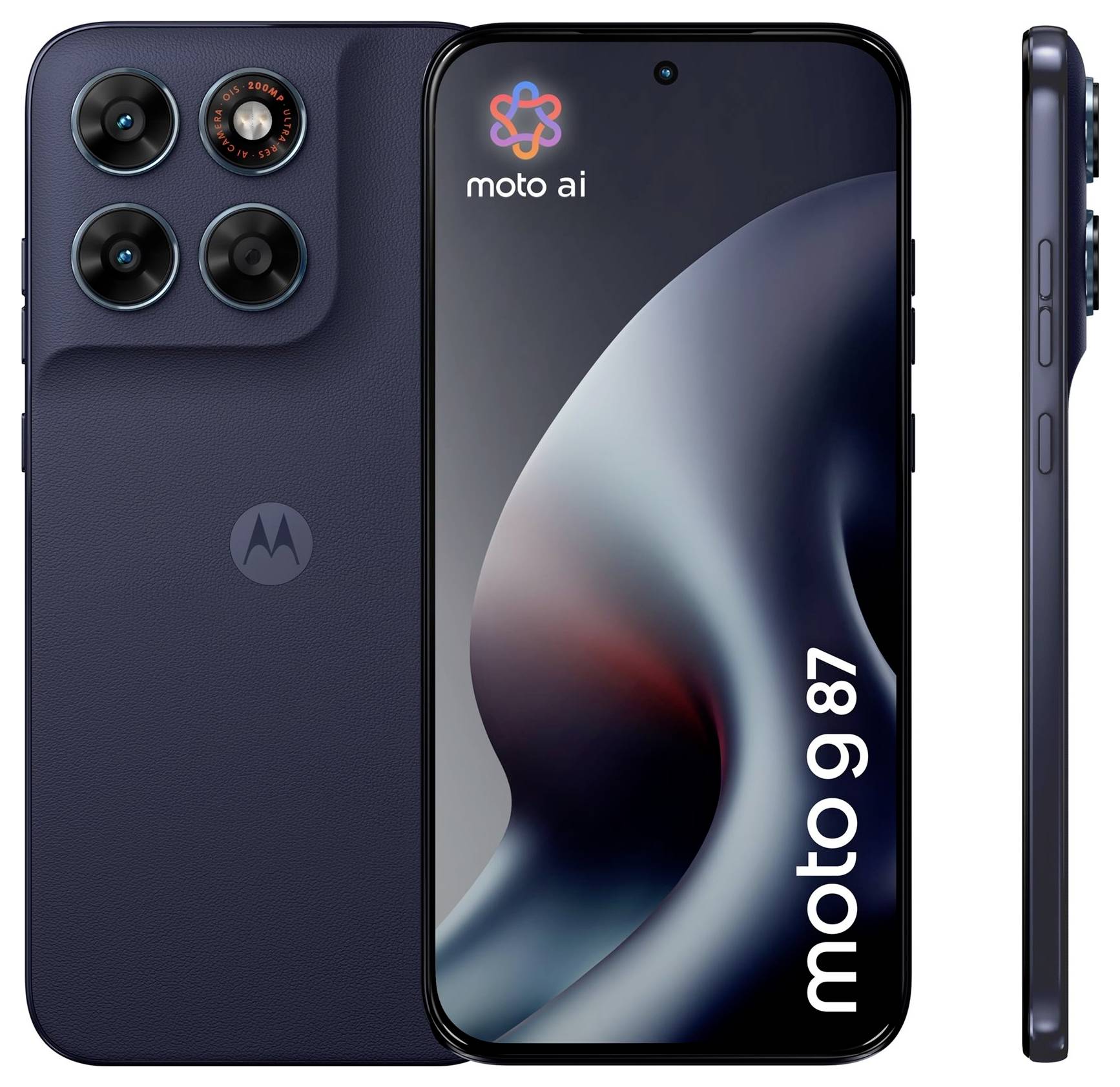 Motorola Moto 5G Smartphone von vorne, hinten und von der Seite in Dunkelblau gezeigt, mit 